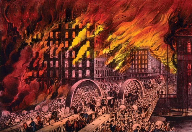 لوحة تسجل ضخامة الحريق الي التهم مدينة شيكاغو عام 1871 وهو الحدث الذي يعرف تاريخيا باسم "حريق شيكاغو العظيم"